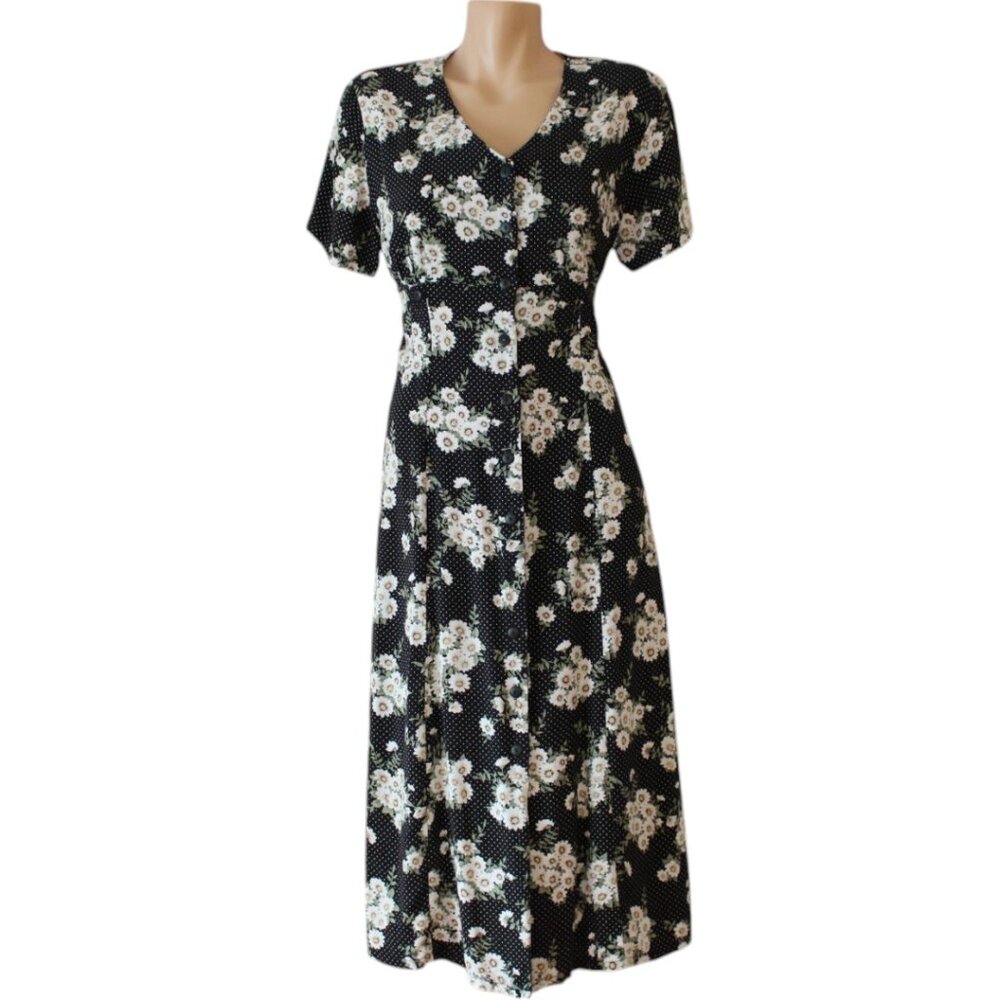 Vintage Black Maxi Dress with White Floral Print and Green Leaves - Picture 2 of 8